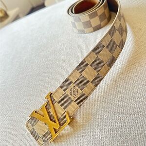 Louis Vuitton White/Cream and Brown Checkered Belt with Gold Logo Buckle